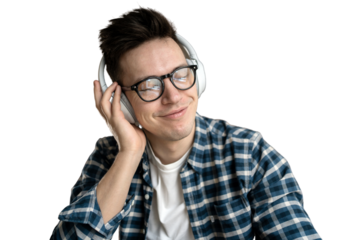 The programmer takes a break listening to the music playlist with headphones .   transparent background, png.gy