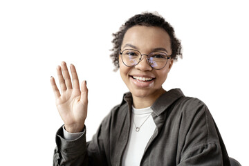 A curly-haired woman in stylish glasses, makes a hand gesture of greeting, looks into the camera.   transparent background, png.