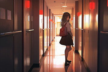 Generative ai. Girls with backpacks in school anime.