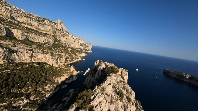 Aerial drone video of cliffs, FPV First Person View , Cote d'Azur, and calanques. Near Marseille, France.