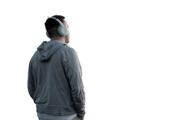 Listening to music with headphones, a man is standing with his back to the headphones rest relax playlist .  transparent background, png.