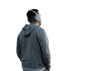 Listening to music with headphones, a man is standing with his back to the headphones rest relax playlist .  transparent background, png.