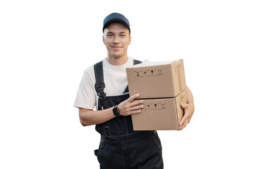 Courier company employee in uniform delivers boxes to order to the customer, employees people at work loans.  transparent background, png.