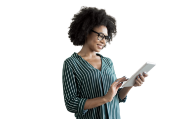 A curly-haired contented woman in a striped shirt is a student. The assistant of the person using the tablet. transparent background, png.