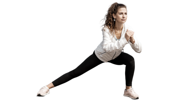 A sporty woman in fitness clothes doing a squat workout stretching the body.  transparent background, png.
