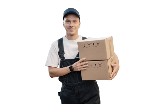 Courier company employee in uniform delivers boxes to order to the customer, employees people at work loans.  transparent background, png.
