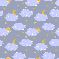 Clouds in the sky, sun, moon and stars. Seamless pattern, vector illustration