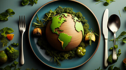 Globe on a plate with fork and knife on a light background, Wworld Food Day concept background wallpaper