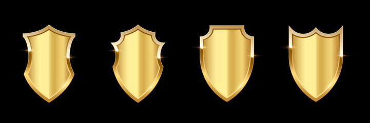 Gold shield set, realistic isolated golden trophy, 3d luxury safety protection emblems on black background