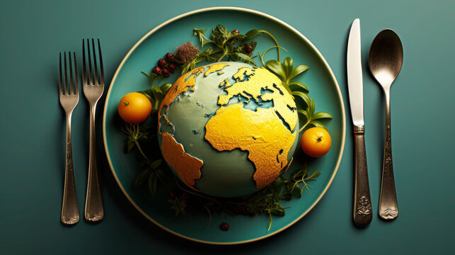 Globe on a plate with fork and knife on a light background, Wworld Food Day concept background wallpaper