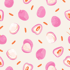 Pink lychee litchi Seamless vector pattern isolated on beige background. Healthy food hand drawn illustration for kitchen, wallpaper, textile, fabric, wrapping paper
