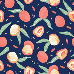 Seamless pattern of red lychee on a blue background. Colorful Vegan food vector illustration for kitchen, wallpaper, textile, fabric, paper