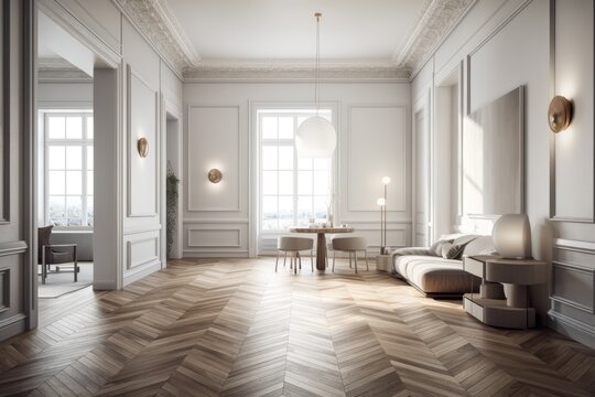 Illustration mock up of a contemporary classic white vacant home with herringbone parquet. Generative AI