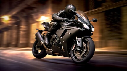 Black motorbike speeding fast on dark road, Generative AI