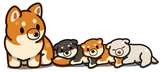 尻尾を枕にされる柴犬と寝そべる仔犬たち