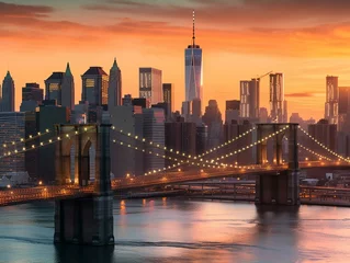 Fototapeten Brooklyn Bridge and Manhattan Skyline at sunset, New York City © Iman