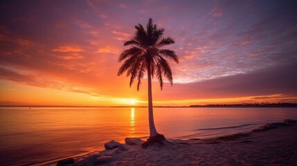 Fototapeta na wymiar Beautiful panorama of a palm tree on the beach at sunset