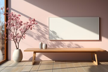 Nature-Inspired Wooden Wall, Pink Backdrop, Pink Flowers, White Table, Natural Shadows, Blurred, Light Gray, Abstract, 32k UHD, Generative AI, Generative, KI