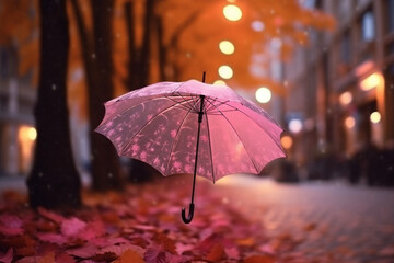 Autumn in the city: Rainy evening with falling autumn leaves and a pink umbrella on a blurred city street Generative AI