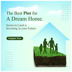 Best Plots. Real estate Ads, Home, Housing Concept. Dream Home. Family Walking Vector Design