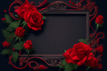 Frame with red flower copy space red roses on dark textured grange background. Bouquet of garden flowers, Ai generative - obrazy, fototapety, plakaty