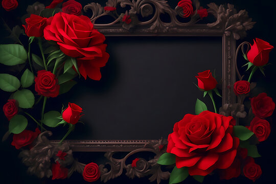 Frame with red flower copy space red roses on dark textured grange background. Bouquet of garden flowers, Ai generative