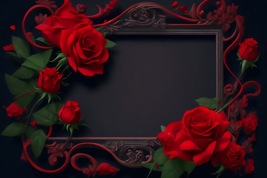 Frame with red flower copy space red roses on dark textured grange background. Bouquet of garden flowers, Ai generative