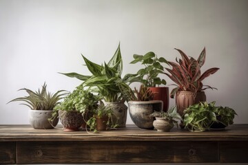 houseplants on an antique wooden table in front of a white wall. Generative AI