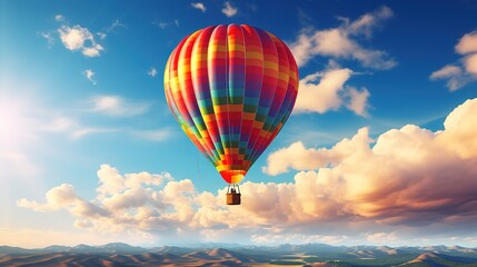 Colorful hot air balloons fly over the mountains