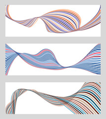 Wavy lines or ribbons. Set of 3 backgrounds. Multicolored striped gradient. Creative unusual background with abstract gradient wave lines to create a trendy banner, poster. vector eps