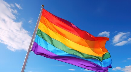 Young different people having fun holding LGBT rainbow flag outdoors