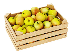 Fresh, newly harvested apples inside wooden crate. Transparent background. 3D illustration