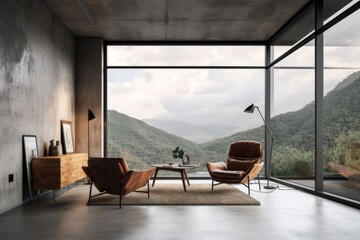 Front picture of waiting room interior with concrete floor, gray wall, and comfortable armchair. Panoramic window with a view of the countryside is also visible. Scandinavian modern design idea. a moc