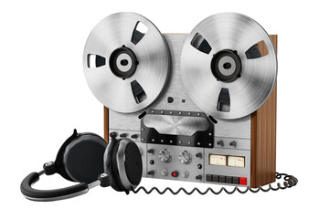 Recording machine and headphones isolated on transparent background. 3D illustration