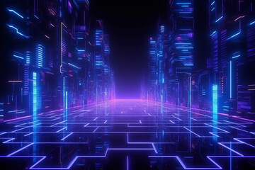 Cyberpunk reverie: Sci-fi inspired abstract with mesmerizing blue and purple neon light shapes on a...