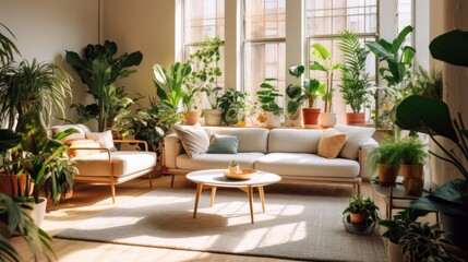 A clean and organized living space with plants, natural light. AI generated