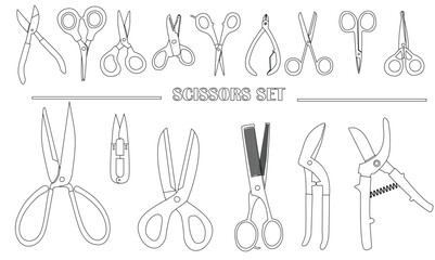 Different scissors types outline vector illustration. Outline scissors vector set on white background. Open, closed cutting scissors or nippers collection.