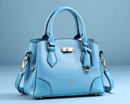 Beautiful Trendy Smooth Youth Women's Handbag In Gentle Blue Color On A Light Blue Studio Background.