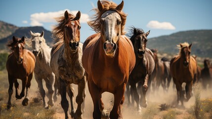 Fototapeta na wymiar Group of horses running in field. Generative AI.