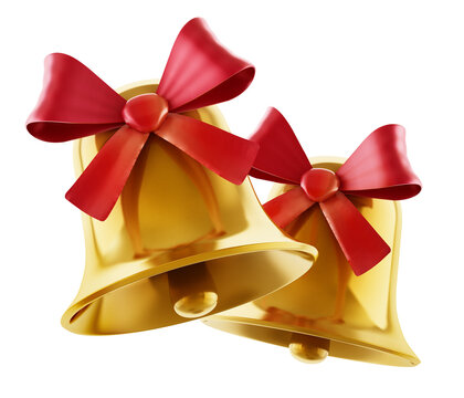 Gold bells with red ribbon isolated on transparent background. 3D illustration