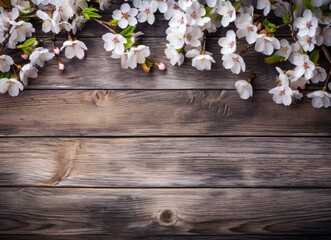 Blossom cherry on wood background. Generative AI.