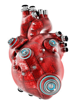 Artificial mechanic red heart isolated on transparent background. 3D illustration