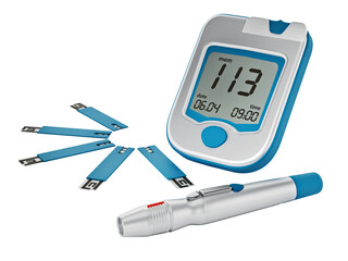Blood glucose meter with strips isolated on transparent background. 3D illustration - obrazy, fototapety, plakaty