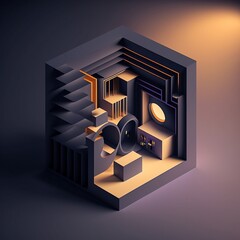 3d isometric geometric shape on dark background. Futuristic technology style. Abstract composition,  creative design
