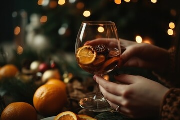 A glass of wine in a hand against the background of a Christmas tree and glare. With Generative AI technology
