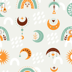 Stylish boho seamless textile pattern with cute ethnic rainbows and floral elements. Decorative moon and stars. Vector illustration