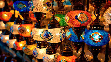Closeup image of a colorful Turkish lamp for sale in a Bazaar. Generative AI.