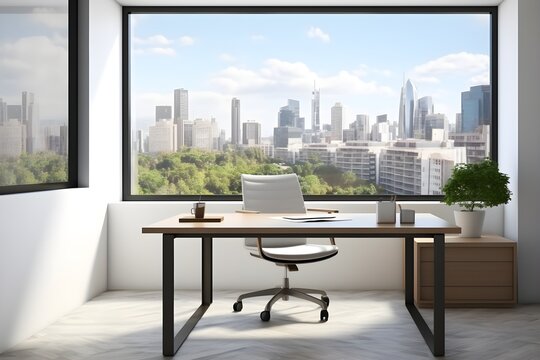 Modern office interior. White poster on wall. Mock up. CEO desk. created generative ai