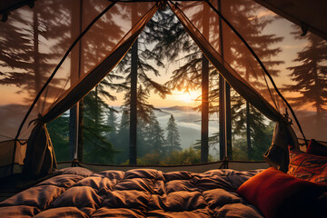 Inside veiw of a tent with a view of a forest, lively nature scenes, Generative AI