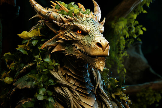 Image of realistic green wooden dragon head. Symbol of 2024 Chinese New Year. Generative AI